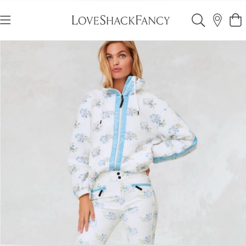 LoveShackFancy White and Blue fleece Ski Jacket with floral Print